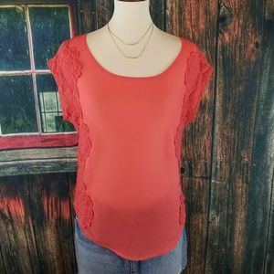 NWOT Chiffon & Lace Panel Coral Blouse!